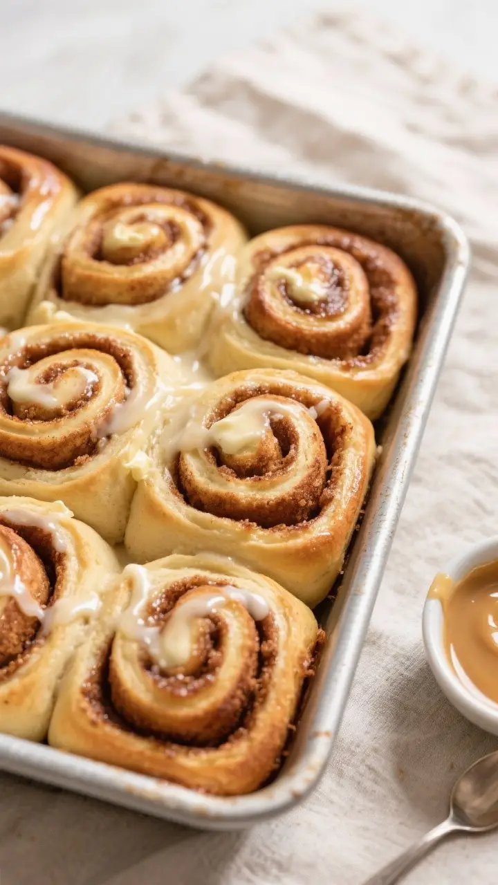 Overhead shot of freshly baked overnight cinnamon rolls in a metal 9x13 pan, lightly golden tops wit