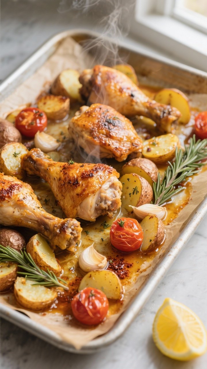 Overhead shot of Garlic Baked Chicken & Potatoes midway through roasting: bone-in, skin-on chicken t