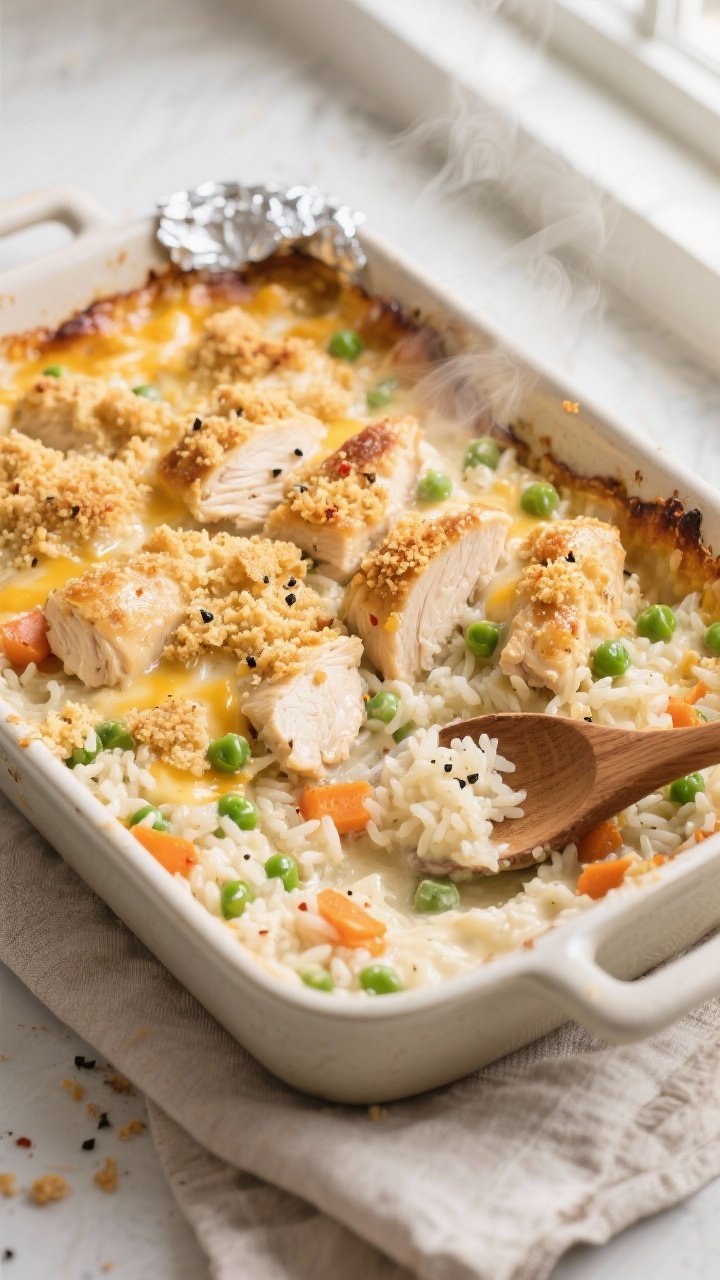 Overhead shot of the baked chicken casserole just out of the oven, foil removed, showing tender 1-in