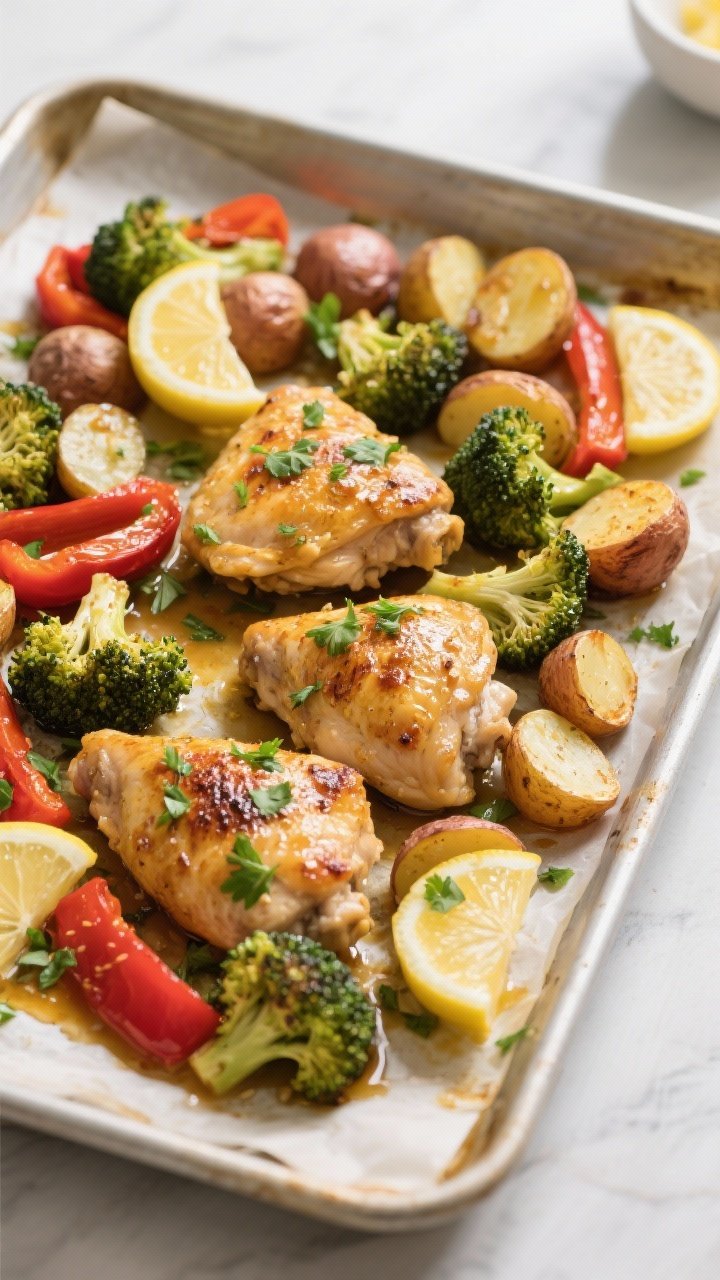 Overhead shot of the finished One-Pan Lemon Garlic Chicken & Veggies straight from the oven: golden,