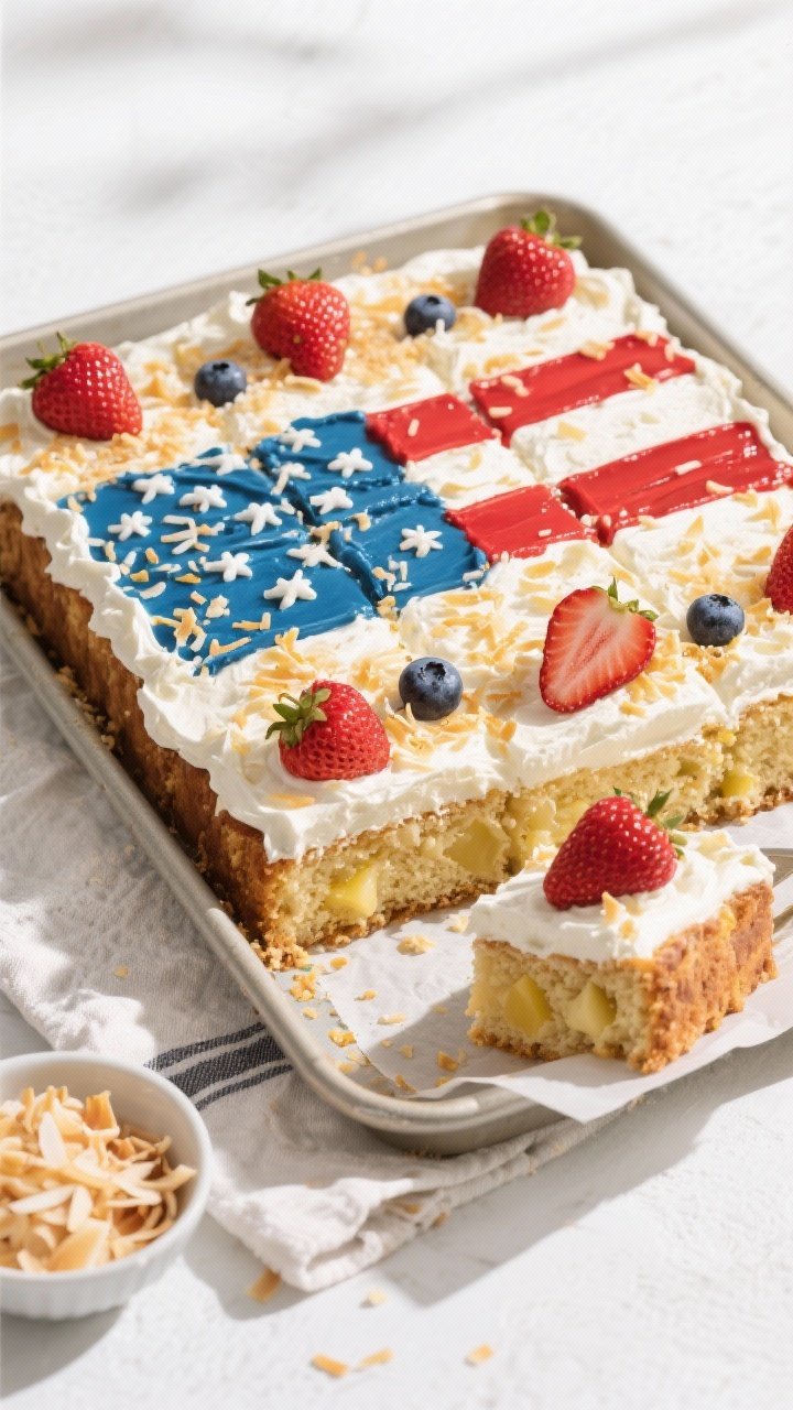 Overhead shot of the fully assembled Pineapple Coconut “God Bless America” sheet cake in a 9x13 