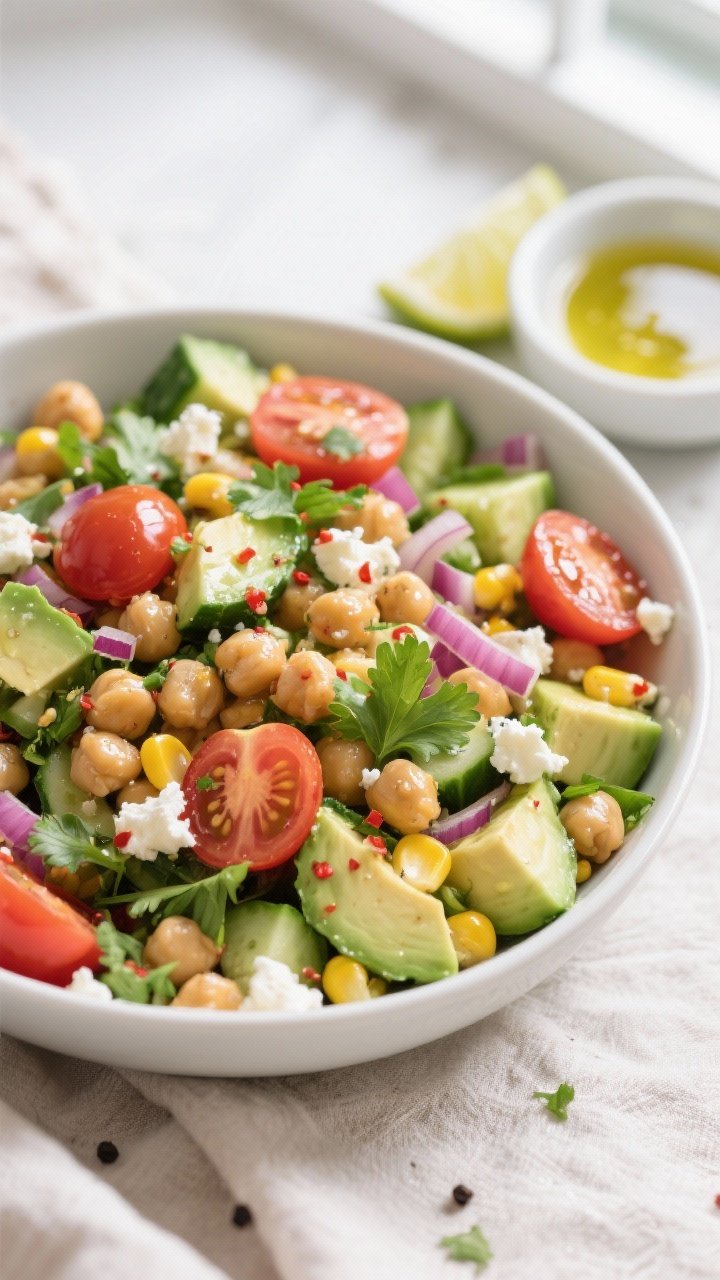 Overhead shot of the prepared Chickpea Avocado Salad just after tossing, : chickpeas glistening with