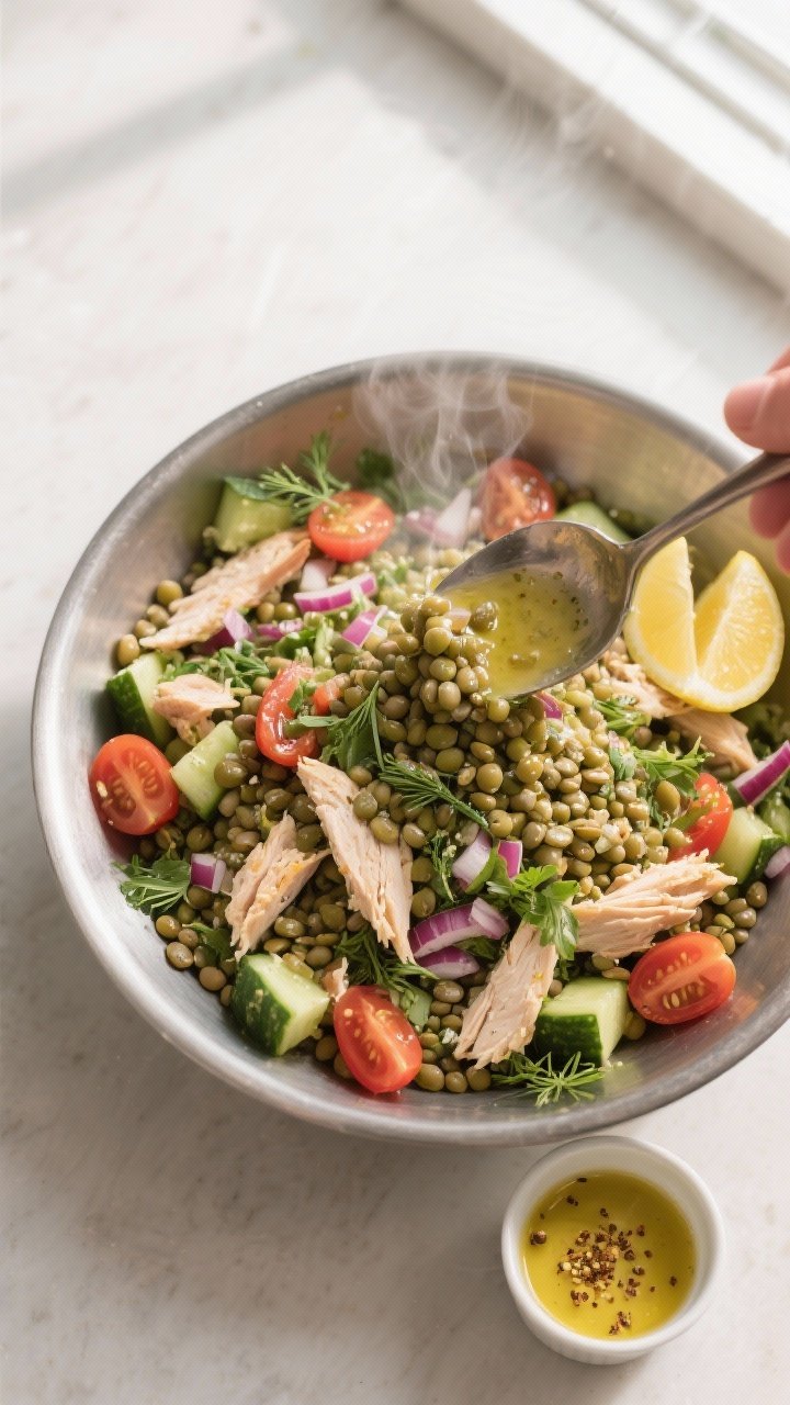 Overhead shot of the Protein-Packed Lentil Chicken Salad being tossed in a wide, shallow stainless b