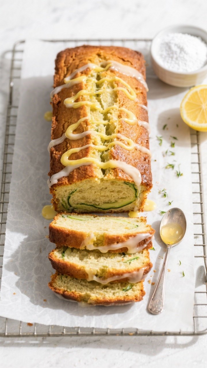 Overhead shot of the whole cooled vegan lemon zucchini loaf on a parchment-lined cooling rack, mid-p