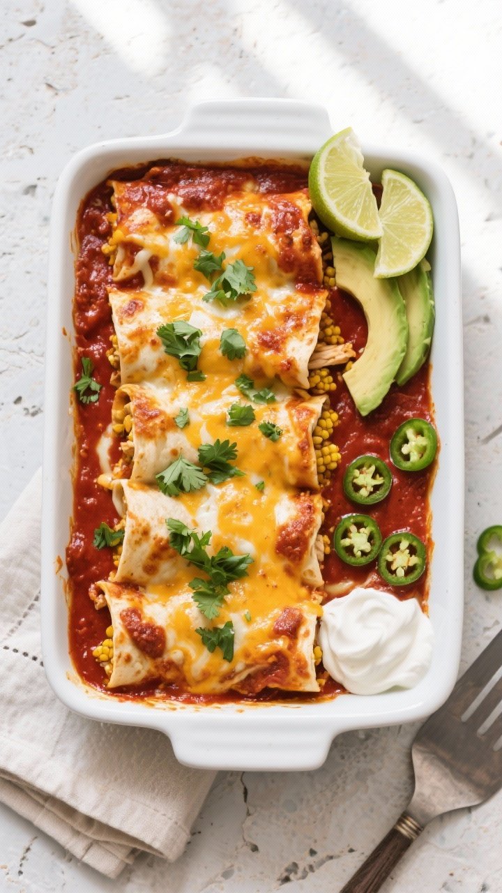 Tasty top view, final dish presentation: Overhead shot of a 9x13 baking dish filled with baked chick