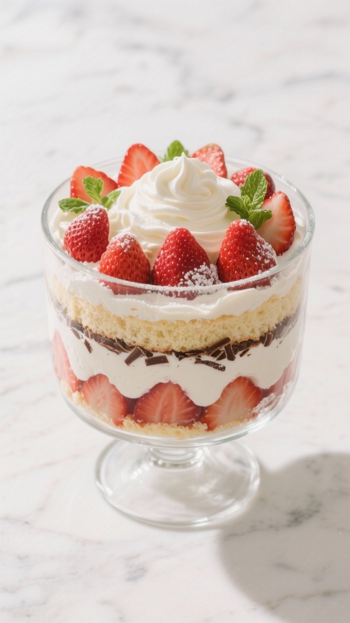 Tasty top view final presentation: Overhead shot of a fully assembled Strawberry Angel Food Cake Tri