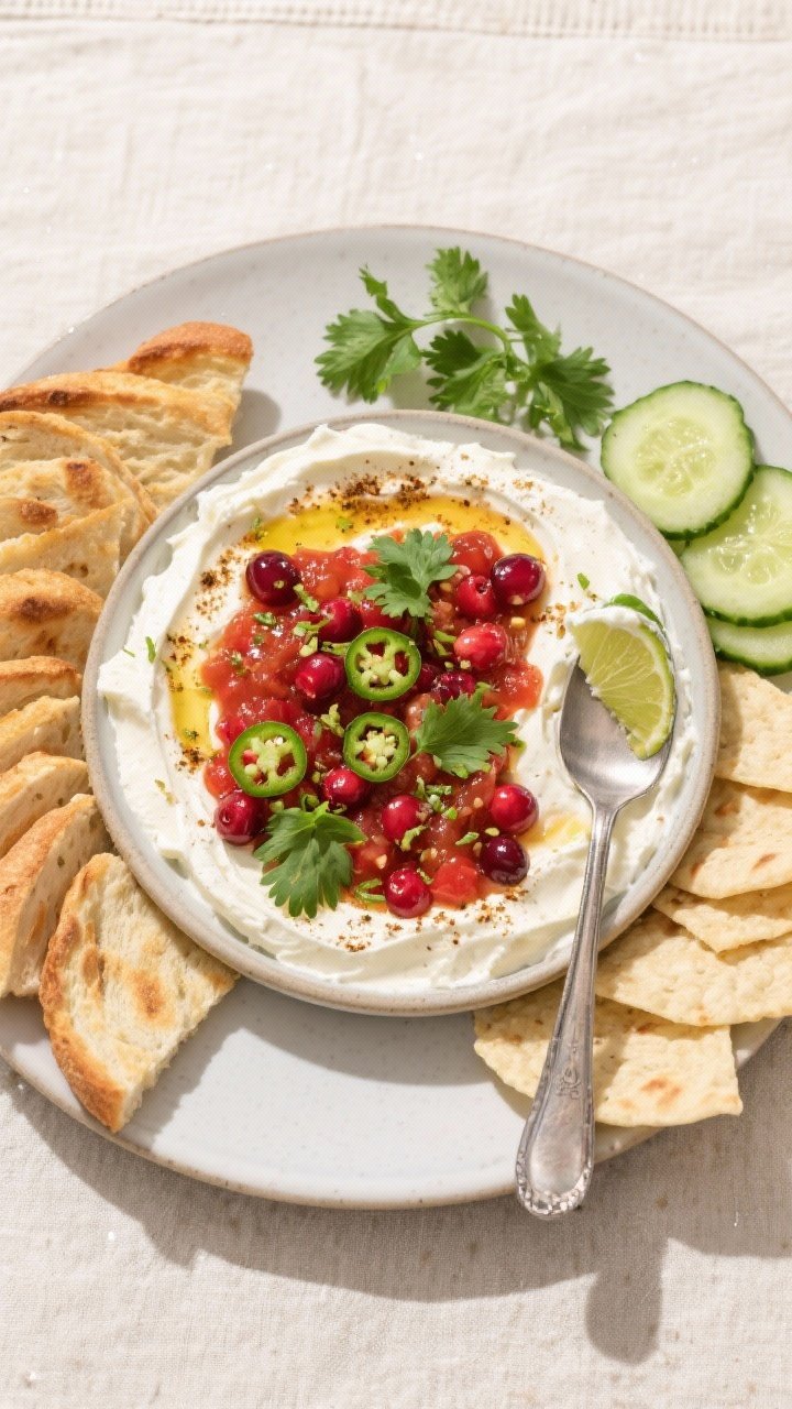 Tasty top view (final presentation + serving): Overhead shot of the assembled Cranberry Jalapeno Cre