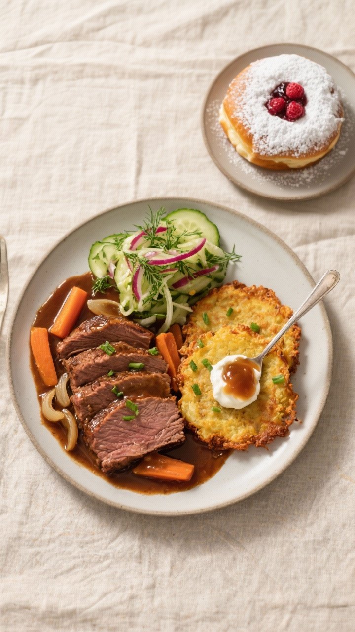 Tasty top view (final spread): Overhead shot of a Hanukkah dinner plate featuring neatly sliced slow
