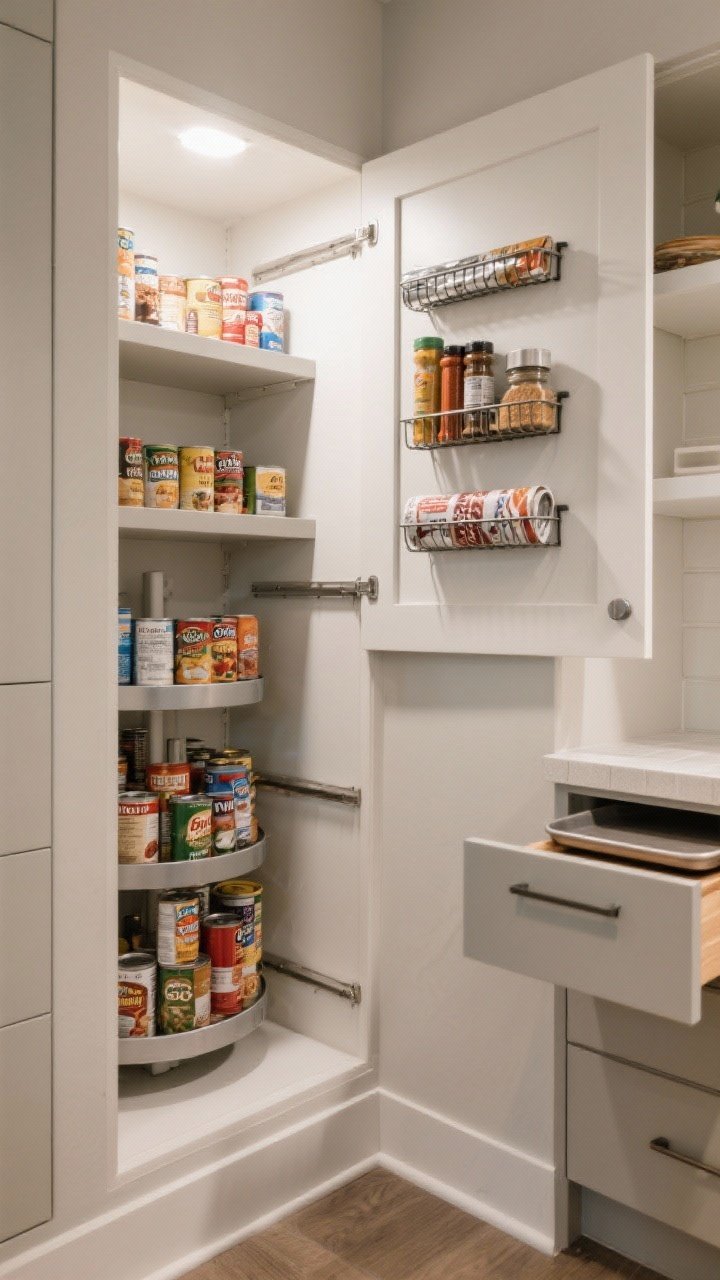 A closeup corner angle of a pantry showing a corner carousel loaded with canned goods, L-shaped adjustable shelves, and angled shelves preventing items from disappearing; an over-the-door rack holding spices, foil, and wraps; a toe-kick drawer slightly open revealing baking sheets; back-of-shelf risers elevating cans for visibility; bright, shadow-free task lighting on neutral shelves.