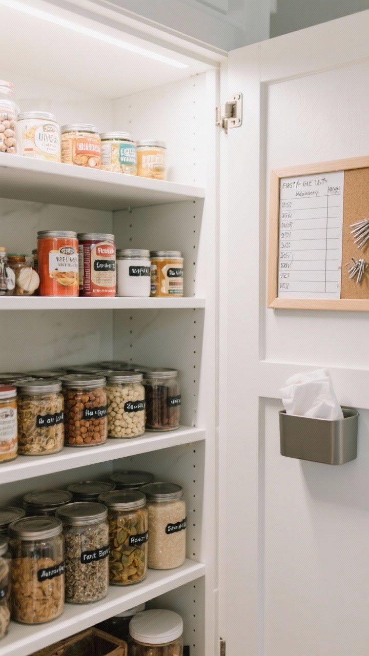 A closeup, detail shot of a pantry maintenance setup: front-facing shelves showing first-in-first-out arrangement with older items in front, a small magnetic running list board on the inside of the door with staples to restock, neatly refreshed labels on canisters, and a tiny caddy with wipes for a quick weekly tidy; clean, bright task lighting emphasizing order and simplicity.