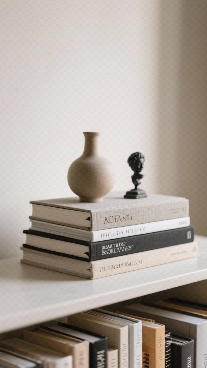 A closeup, side-angle shot of books used as risers: a small vase elevated on a single clothbound hardcover, and a tiny sculpture on a double-decker stack. Prettiest spines face outward; one monochrome stack and one mixed-tone stack show variety. Jackets removed for a clean, tactile look; soft side light enhances heights.