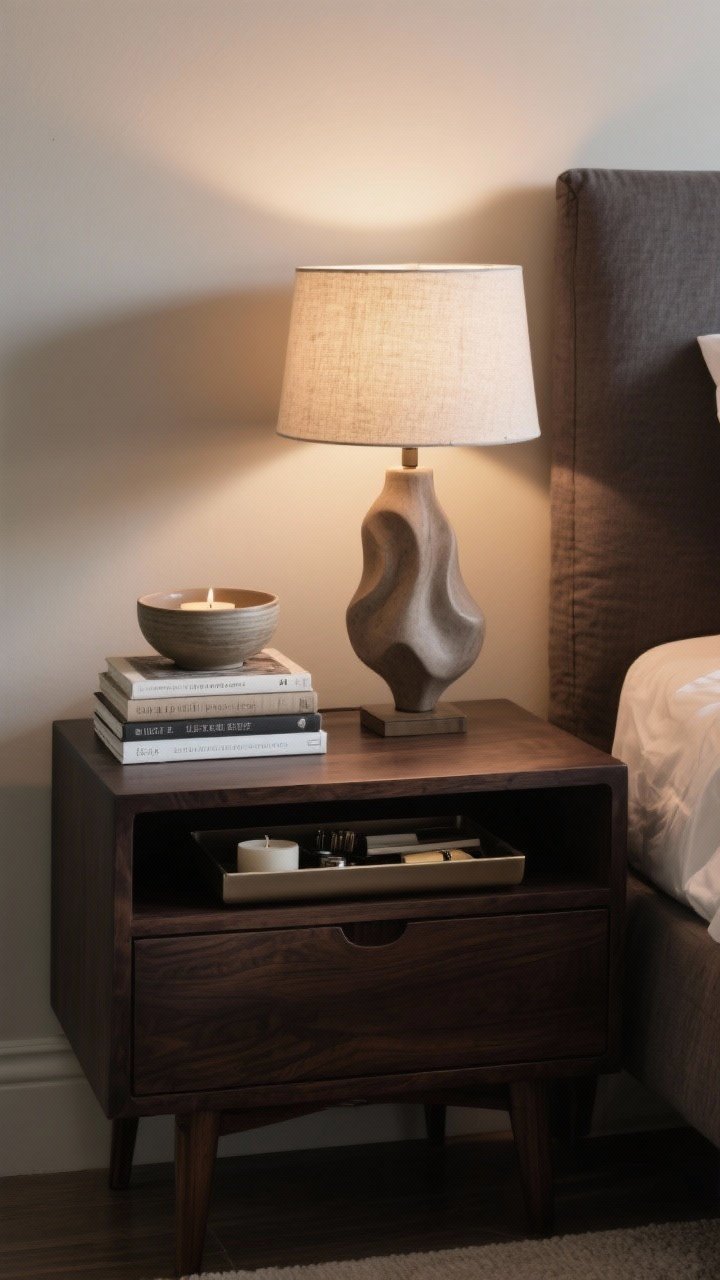 A closeup, styled nightstand scene: dark wood nightstand with a single lamp, a neat stack of books, and one sculptural object (ceramic bowl or candle); limited palette of two to three colors with mixed textures; a slim tray corraling small items to hide clutter; warm bedside lamp illumination; photorealistic.