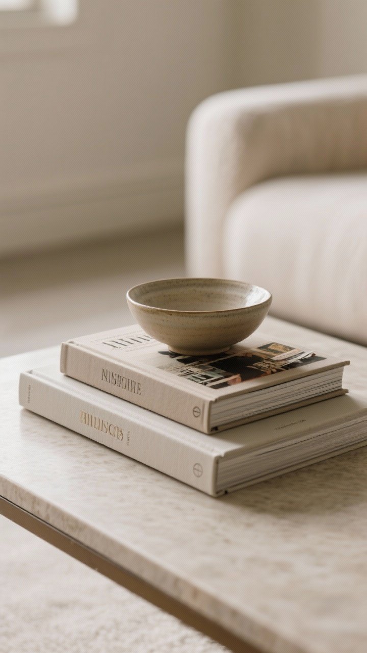 A detail closeup of a neat stack of two to three coffee table books: a large-format book on the bottom, smaller books on top, spines loosely matching a neutral room palette. A small ceramic bowl sits as a topper. Include optional vintage magazines peeking from the side for an informal touch; soft side lighting emphasizes the layered heights.