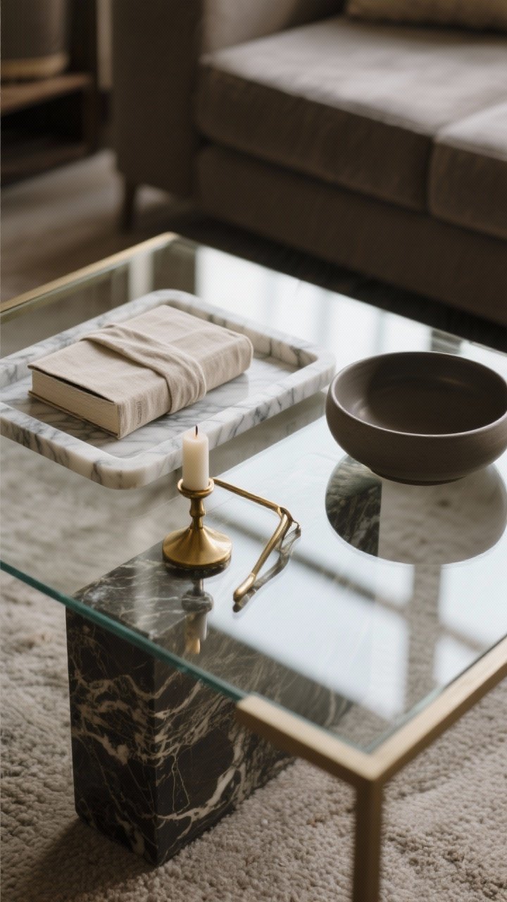 A detailed, angled shot focusing on mixed materials for texture: a marble tray, a linen-wrapped book, a brass candle snuffer, and a matte ceramic bowl arranged on a glass-topped coffee table. The interplay of glossy and raw textures is highlighted by soft, diffused light, emphasizing contrast and depth.