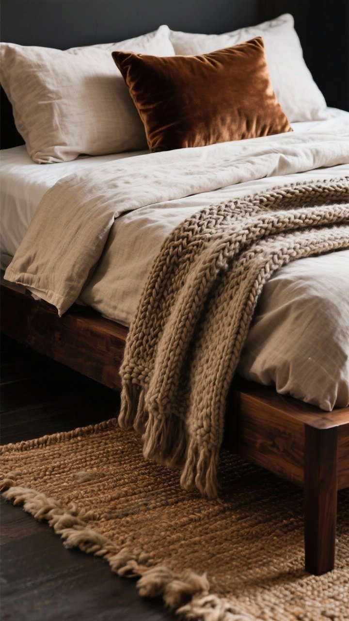 A detailed closeup of layered luxe textiles on a dark wood bed: a flax linen duvet, a rich velvet lumbar pillow, and a chunky knit throw pooled at the foot; the lower edge reveals a wool or jute rug beneath; warm, tactile textures with soft, diffused light grazing the fabrics to emphasize weave and pile; photorealistic.