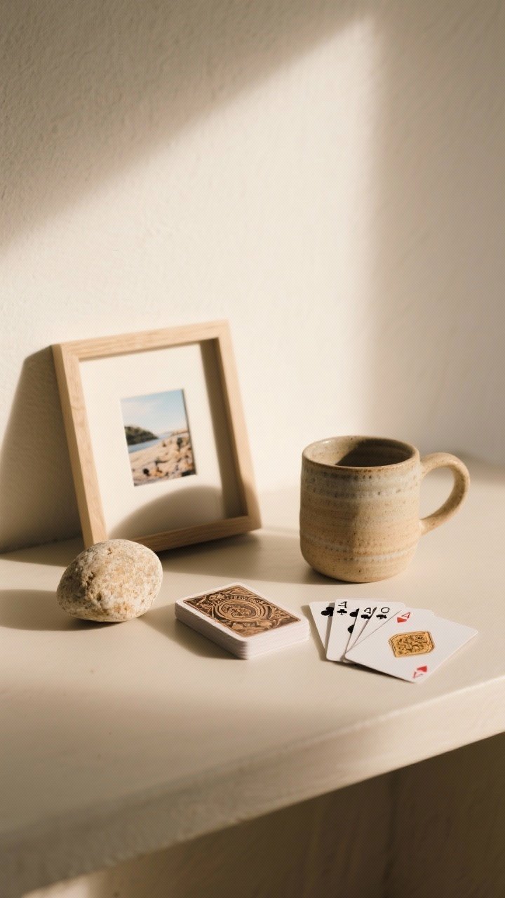 A detailed vignette shot highlighting personal artifacts: a tiny framed photo, a smooth beach stone from travel, and an artisan deck of cards arranged beside a hand-thrown mug. Minimal items, high sentiment. Neutral backdrop with warm, natural daylight that feels intimate and curated.