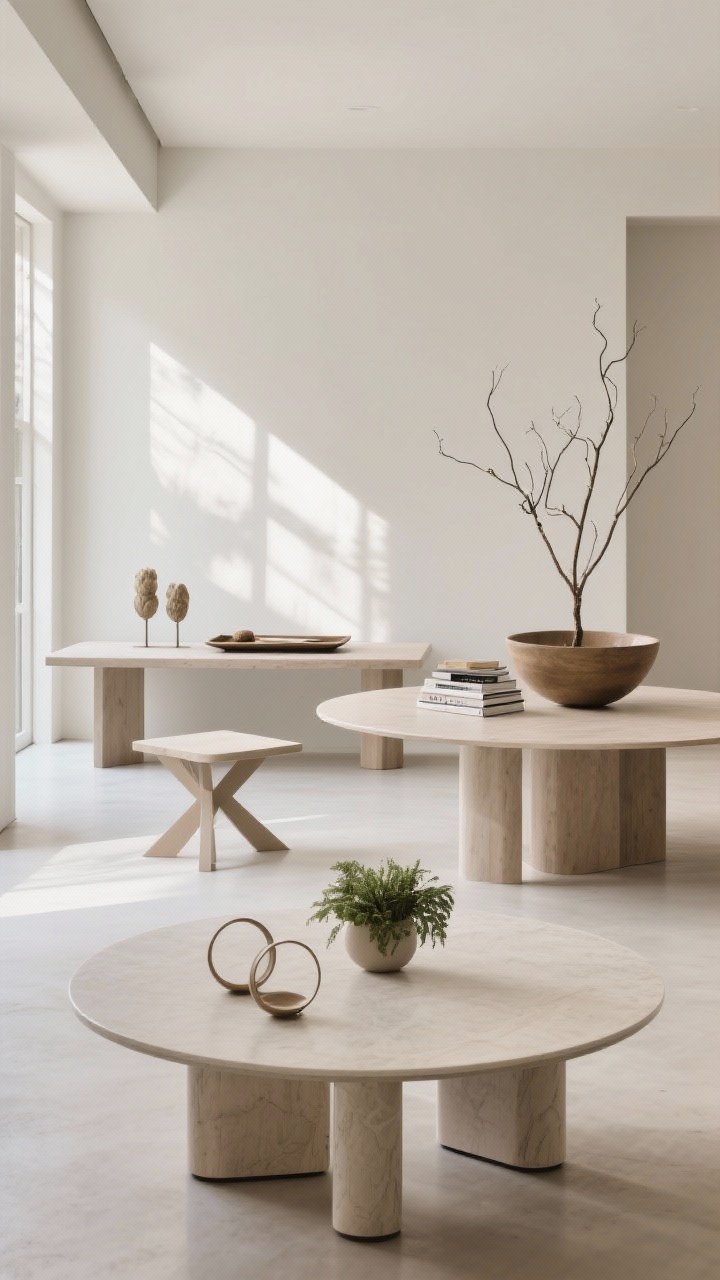 A four-in-one composite-style wide shot focusing on table shape strategies in one scene: foreground round table with a central plant and two orbiting accents; a rectangular table behind it with a long tray and two clusters; a square side table styled on two diagonals leaving two lighter; and an oversized table with big bowl, stacked books, and tall branches scaled up. Clear proportions, neutral palette, bright daylight.