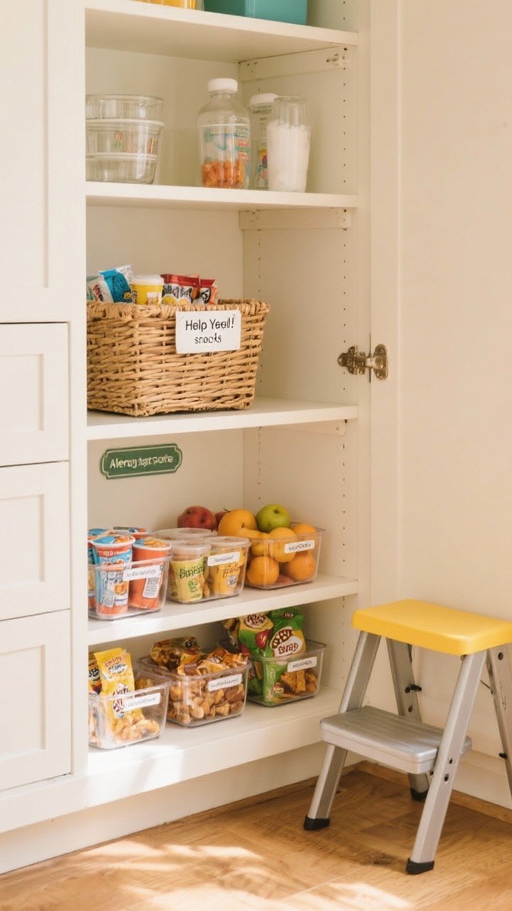 A kid- and guest-friendly pantry corner, medium shot: lower, child-height clear bins filled with single-serve snacks and fruit cups; an open basket labeled Help Yourself for snacks and drinks; a clearly marked allergy-safe zone on a mid-shelf; a slim foldable step stool tucked nearby; bright, welcoming warm light and simple, legible labels.