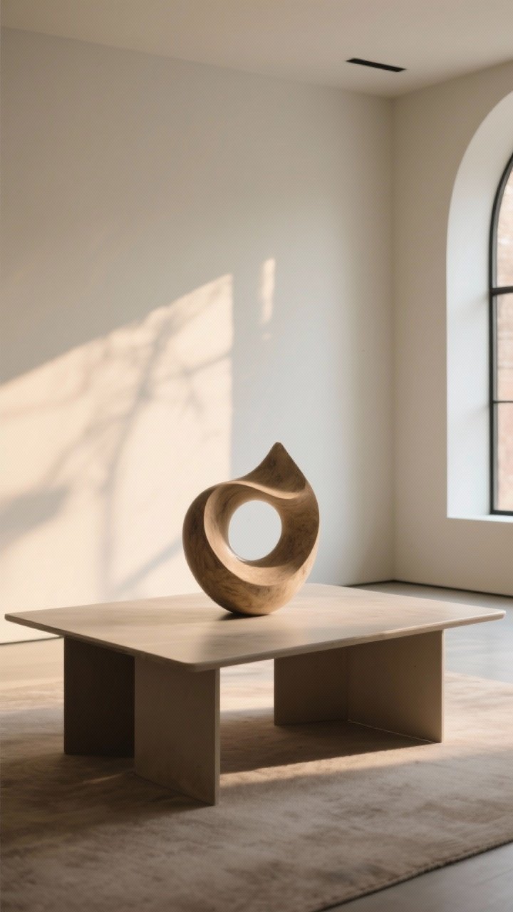 A medium, corner-angle shot of a coffee table with a single standout sculptural object as the focal point—an abstract form about one-third the table height. Surrounding space is left intentionally open. Choose an organic, curvy sculpture on a boxy table for shape contrast; warm afternoon light for a gallery-like mood.
