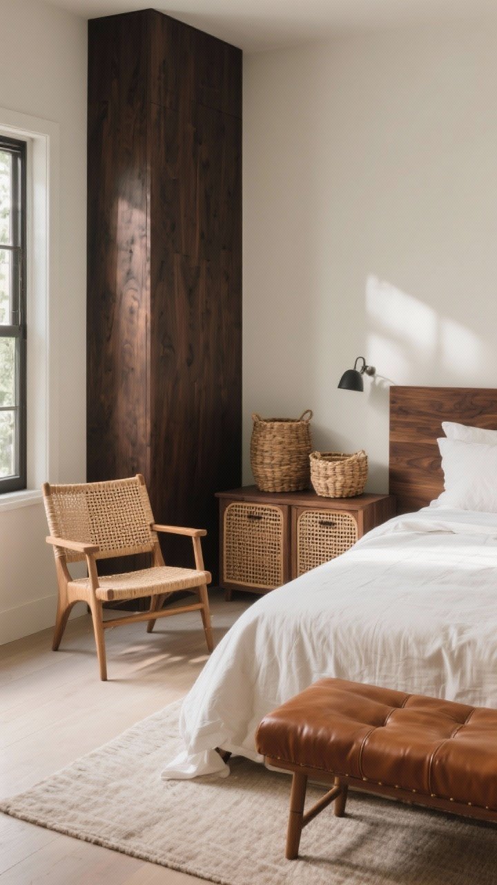 A medium corner vignette blending dark wood with natural textures: a rattan accent chair next to a walnut bed, caned nightstands, woven baskets for storage, and a cognac leather bench at the foot; linen bedding adds airiness; soft natural daylight highlighting the varied textures; photorealistic.