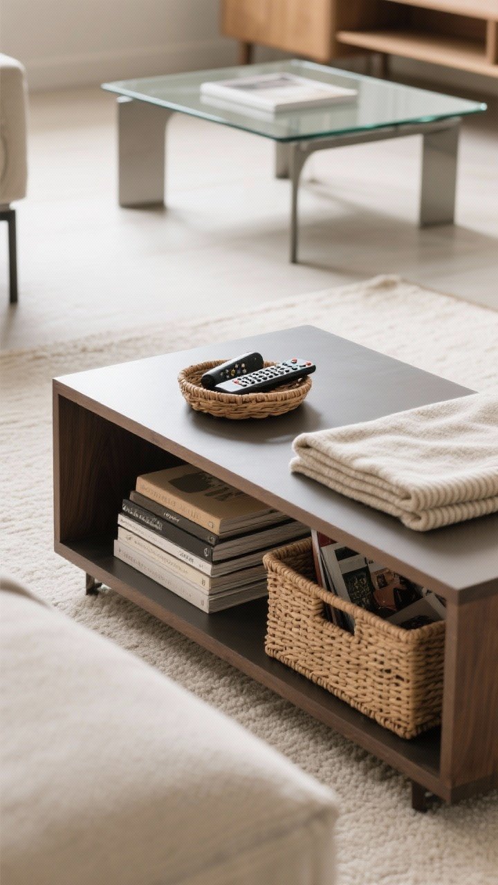 A medium, low-angle shot emphasizing the understory: a coffee table with a lower shelf holding a basket for remotes, neatly stacked extra books, and a folded throw. Adjacent scene shows an open space under a table without a shelf, where a flat woven basket with magazines slides beneath. For a glass table variant, the lower styling is minimal to avoid visual clutter.