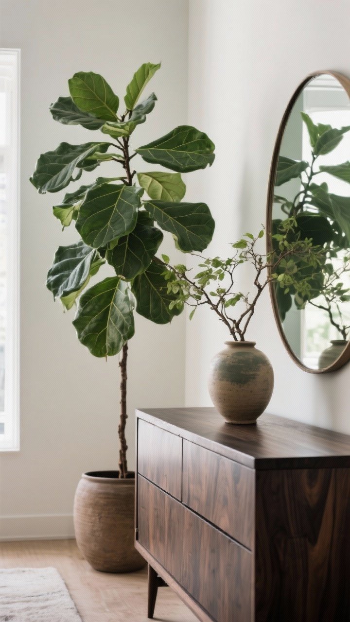 A medium shot focusing on greenery and organic shapes: a tall fiddle leaf fig or rubber plant beside a dark wood dresser, with leafy branches in a ceramic vase on top; placed near a mirror to double the visual impact; organic curves soften the strong wood lines; bright but gentle natural daylight; photorealistic.
