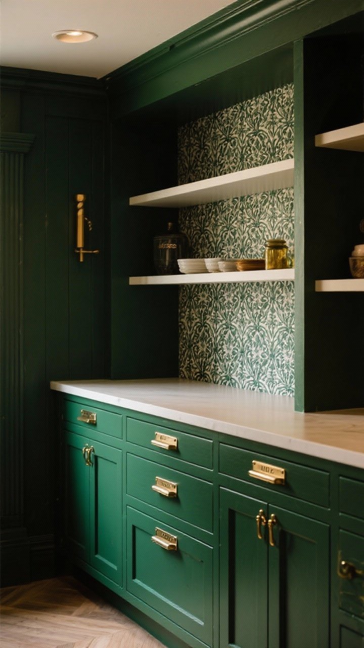 A medium shot highlighting pantry style details: patterned wallpaper at the back of shelves, rich moody paint in deep green on surrounding walls for boutique vibes, contrasting shelf edges, and metallic labels plus brass hardware for a subtle glam touch; balanced warm lighting that accentuates texture and color without glare.