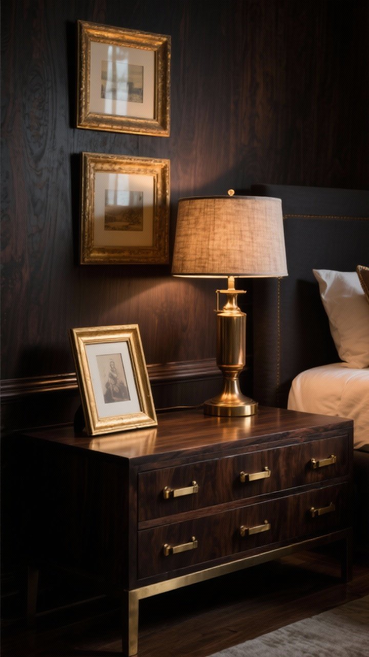 A medium shot of a dark wood nightstand and dresser showcasing warm metals: brushed brass hardware and aged gold picture frames; a bronze or brass bedside lamp with a fabric shade casting a warm glow; subtle reflections on metal accents against the deep wood tone; cozy evening lighting; photorealistic.