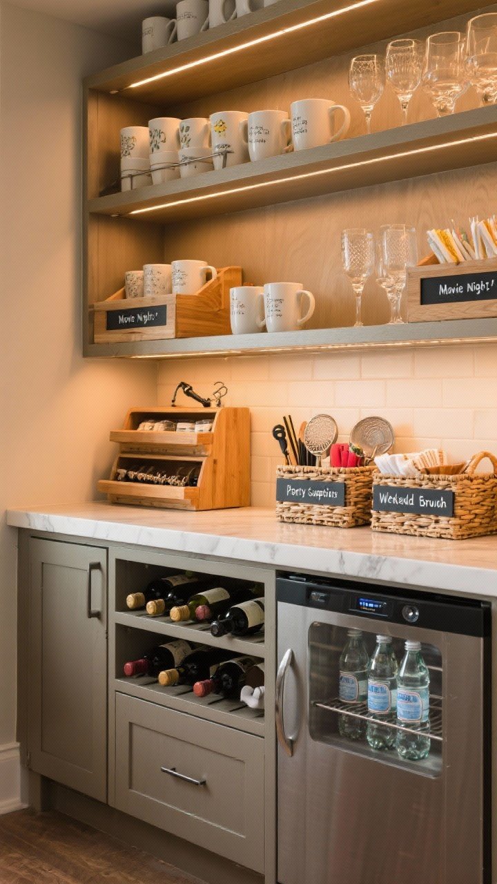 A medium shot of a dedicated beverage and entertaining station within the pantry: open shelves displaying neatly arranged mugs and pretty glassware, drawer organizers with corkscrews, stirrers, strainers, and napkins partially open, integrated wine/bottle racks in lower cabinetry, and a compact mini fridge with sparkling water bottles; labeled baskets reading Movie Night, Party Supplies, and Weekend Brunch; warm ambient lighting for an inviting bar-like vibe.
