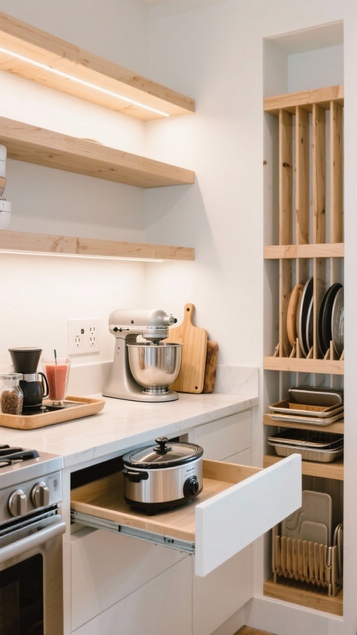 A medium shot of an appliance nook inside the pantry featuring a small counter under a shelf with built-in outlets; a slide-out shelf holding a stand mixer and slow cooker, a pull-out tray with a coffee station and smoothie setup, and vertical dividers neatly storing cutting boards, sheet pans, and trays; clean white walls, light wood finishes, and practical warm task lighting.
