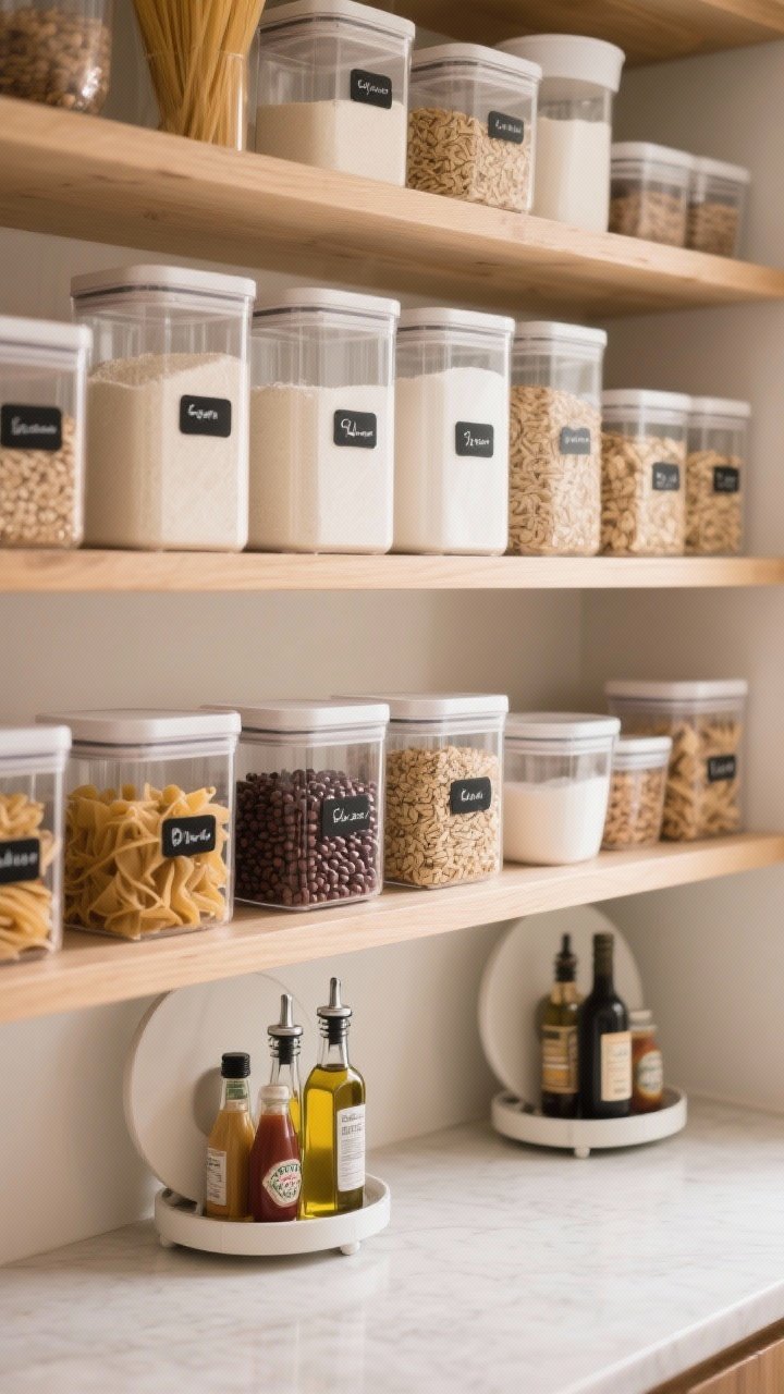 A medium shot of pantry shelves styled with clear square and rectangular canisters of flour, sugar, and oats stacked neatly, glass jars of pasta and dried beans at mid-height, sealed airtight bins for snacks and baking supplies, and a pair of lazy Susans with oils, vinegars, and sauces; crisp black-and-white minimalist labels on each container; soft warm lighting that highlights the transparency and clean lines, with a light wood shelf tone and a calm, organized boutique feel.