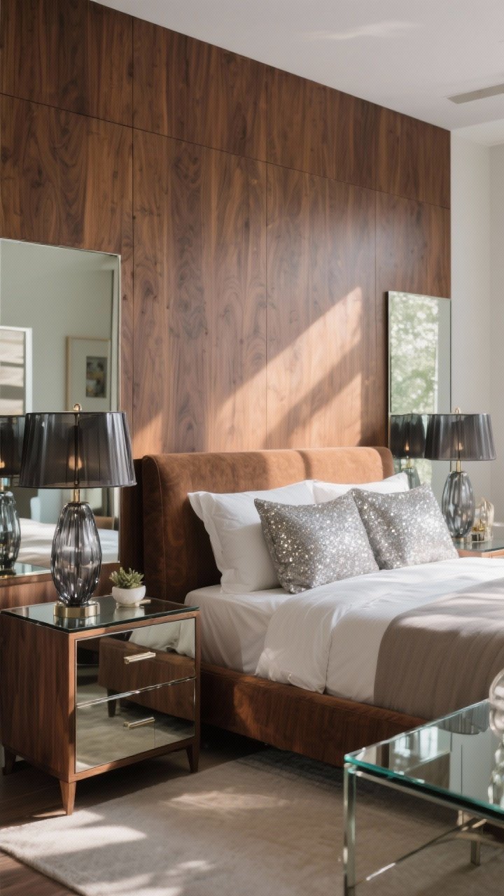 A medium shot of sparkle against wood: mirrored nightstands flanking a walnut bed, smoked glass bedside lamps adding moodiness, and a glass-topped dresser that reflects light and decor; subtle bounces of light prevent the space from feeling heavy; late afternoon light with gentle highlights; photorealistic.
