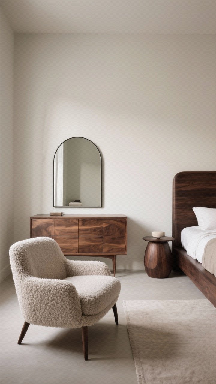 A medium shot vignette mixing sleek modern shapes with soft curves: a rectilinear walnut dresser paired with an arched mirror above; to the side, a chunky dark wood bed frame and round nightstand; a curved boucle accent chair partially in frame; neutral palette with subtle shadows; balanced composition to avoid heaviness; photorealistic.