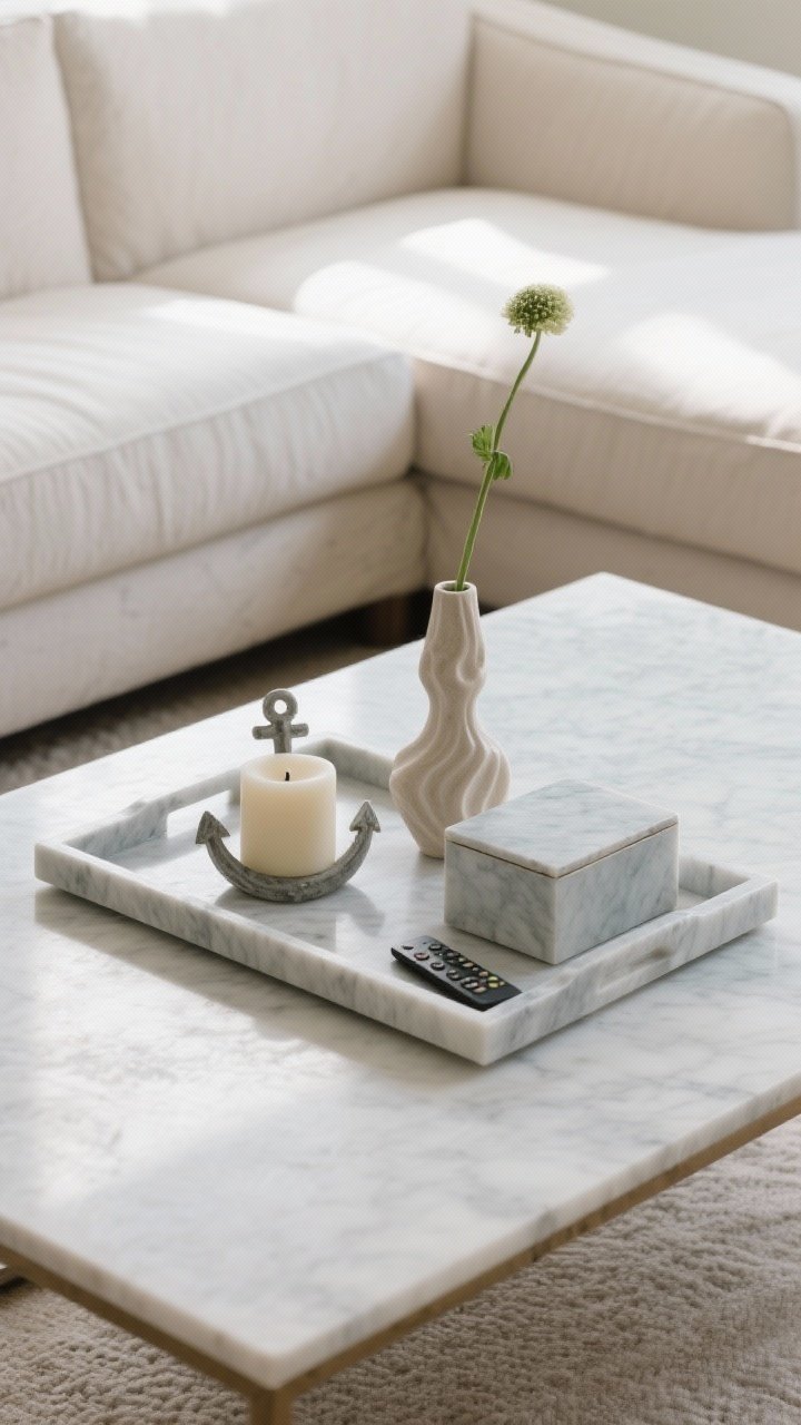 A medium, straight-on shot of a rectangular coffee table styled with a long, low marble tray in pale gray. Inside the tray: an anchor candle, a small sculptural object, a taller bud vase for height, and a lidded box to hide remotes. The tray texture contrasts subtly with a soft linen sofa in the background; clean lines, natural daylight, everything neatly corralled to look intentionally curated.