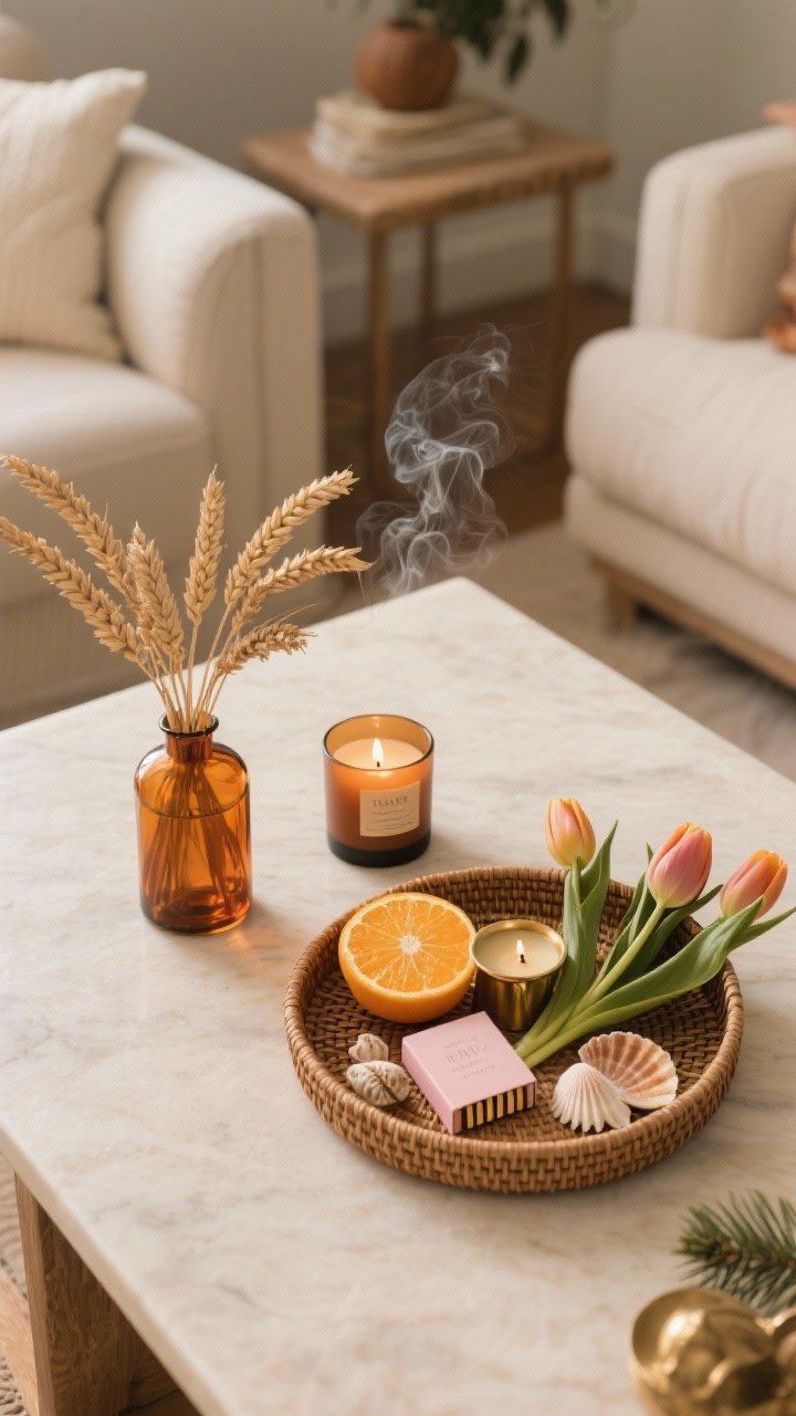 A medium, straight-on shot showing a seasonal swap kit in action on the coffee table: front vignette displays a current season (e.g., fall) with amber glass, dried wheat, and a smoky cedar candle; a nearby small rattan tray holds alternate items ready to rotate (tulips, citrus candle, pastel matchbox; shells; brass accents and pine). Cozy, warm light, minimal effort feel.