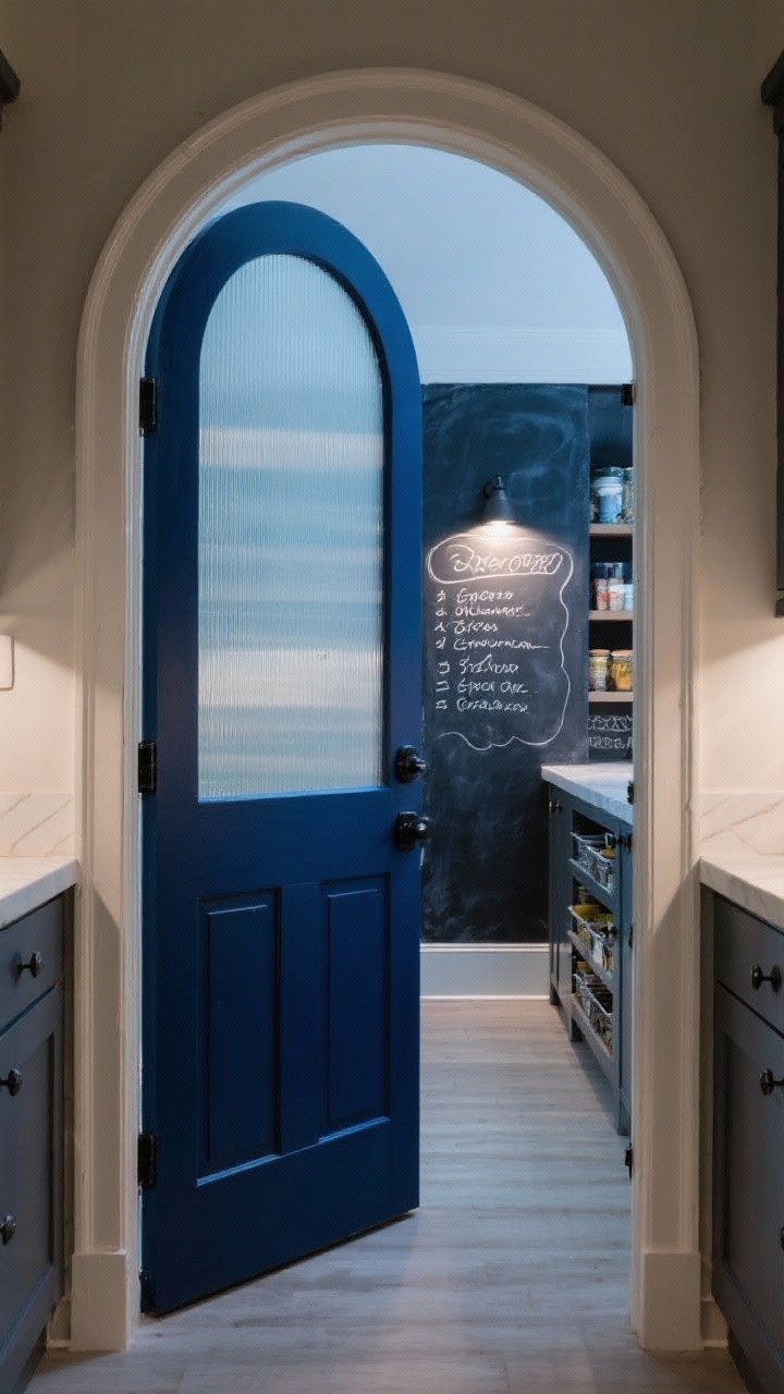 A medium, straight-on view of a statement pantry entrance: an arched doorway with a painted bold color door in deep navy, matte black hardware, and a frosted glass panel that glows softly from interior light; chalkboard paint panel on the door for grocery lists and doodles; clean modern trim, and a hint of the organized pantry beyond; evening lighting for drama and contrast.