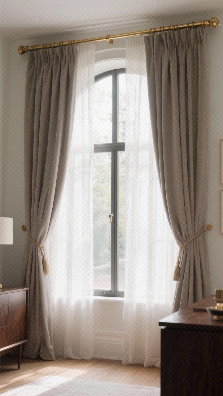A medium window shot showcasing window treatments: floor-to-ceiling sheer curtains for daytime glow paired with structured heavier drapes in a warm gray or mushroom tone; brass curtain rod echoes other hardware; glimpses of dark wood furniture nearby; soft daylight diffused through sheers; photorealistic.