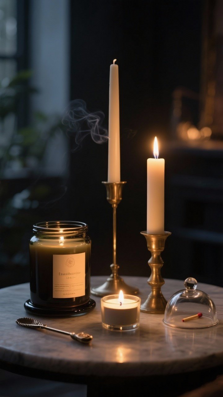 A moody, closeup shot of layered candlelight: one scented glass jar candle, an unscented pillar, a slim taper in a brass holder, and a tiny votive at a lower height. Include a wick trimmer, snuffer, and a match cloche as styling accessories. Low, warm evening lighting creates a soft glow without smoke; no other elements compete.