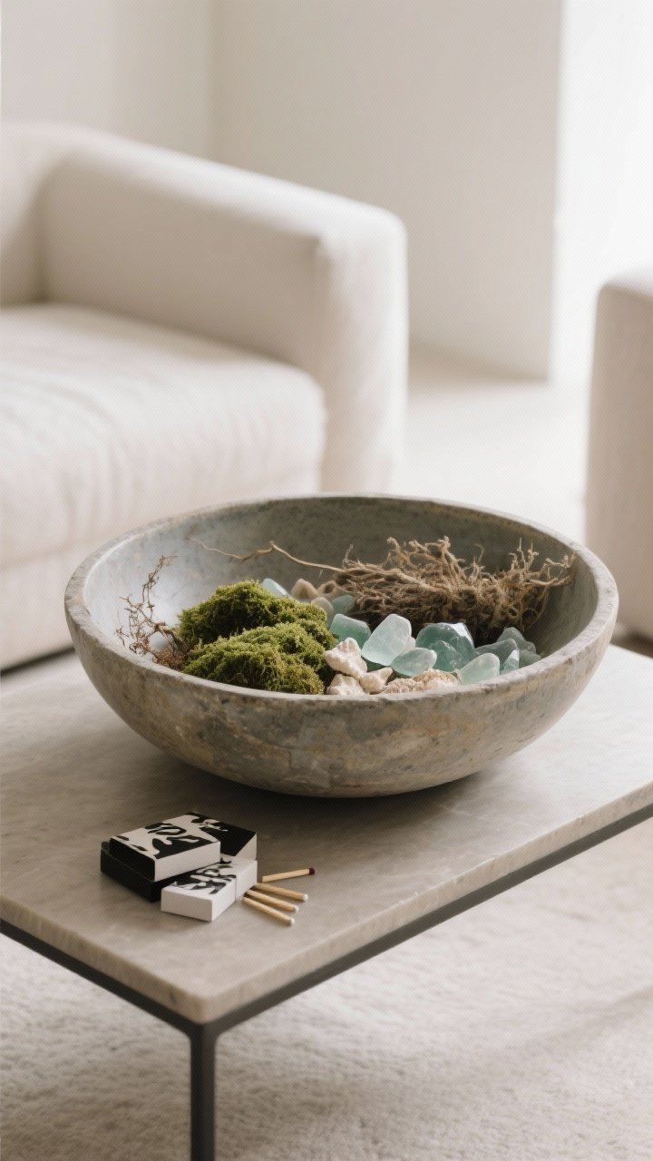 A straight-on medium shot featuring a slightly off-center oversized decorative bowl as the hero piece on the coffee table. The bowl is stone or ceramic with a subtle patina. Fill options shown: dried moss and sea glass in layered textures, with a few graphic black-and-white matchboxes beside it. Calm, neutral palette, soft daylight.