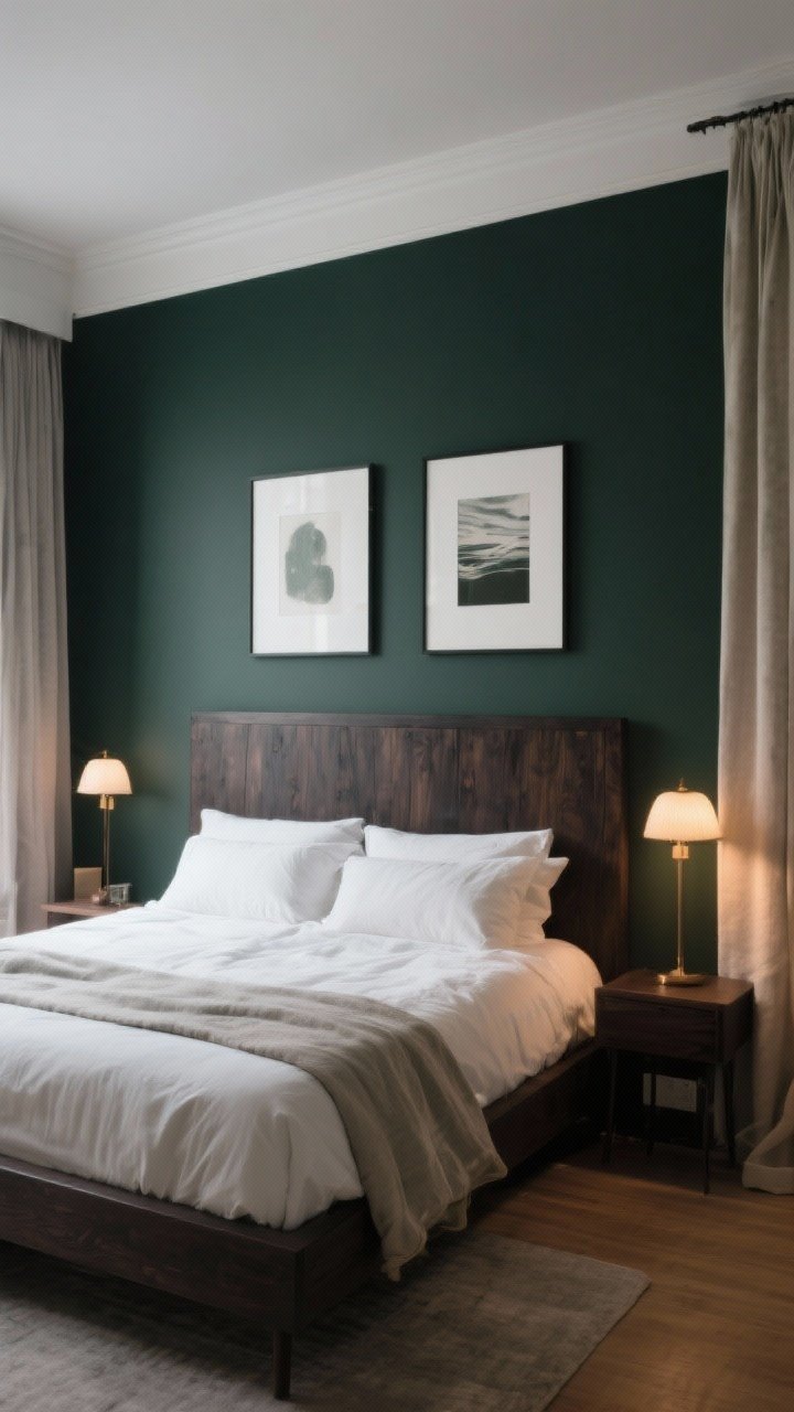A straight-on wide shot featuring a deep moody accent wall behind the bed in charcoal or forest green, framing a dark wood headboard like a gallery piece; light bedding and pale curtains keep balance; artwork with white mats breaks up the darkness; warm bulbs in bedside lamps soften the wall color; photorealistic.