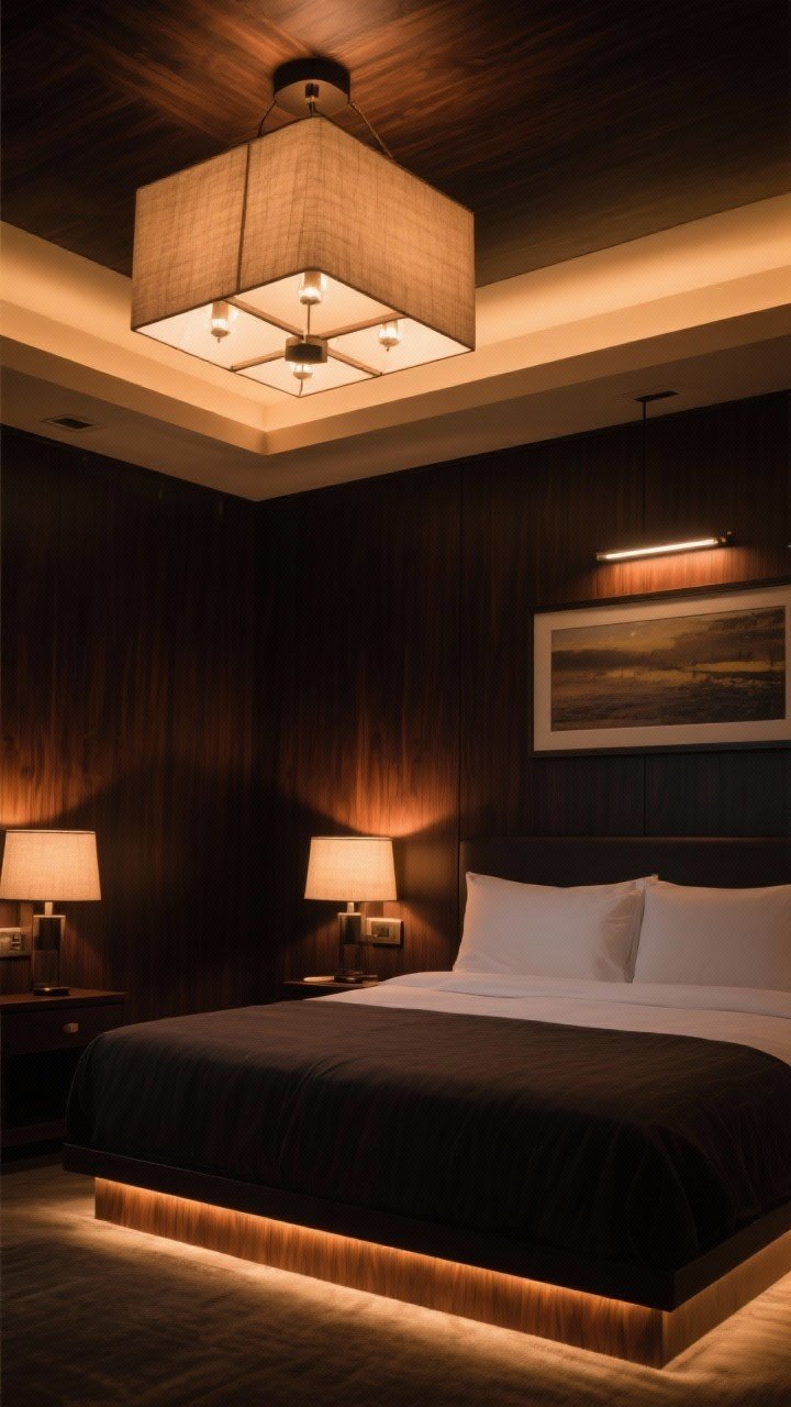 A warm evening, hotel-style lighting scene: layered lights in a dark wood bedroom with a ceiling fixture using 2700K–3000K bulbs, fabric-shaded bedside lamps or sconces for task lighting, and a subtle accent—either a picture light over art or LED strip glow under the bed; moody yet inviting ambiance; photorealistic.