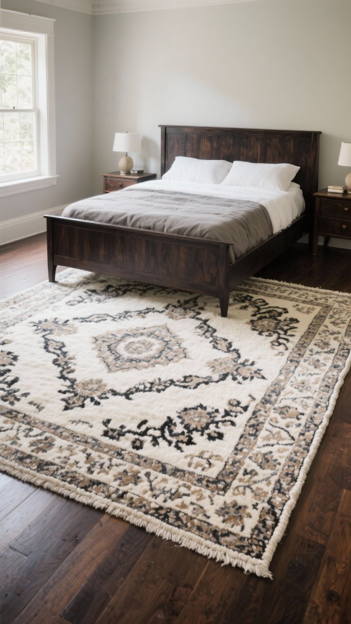 A wide, ground-level angle emphasizing the rug choice under a dark wood bed: a large patterned wool rug in ivory with charcoal or a muted Persian/earthy neutral palette, sized to hold bed and nightstands comfortably; if the floor is dark wood, the rug is notably lighter for contrast; soft morning light; photorealistic.
