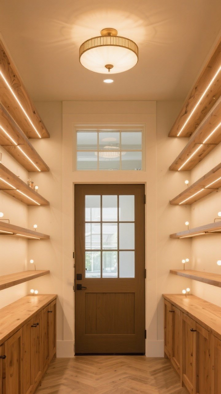 A wide interior pantry shot showcasing layered lighting: a stylish semi-flush overhead fixture casting warm illumination, LED strip lights running under each shelf to eliminate shadows, and small puck lights spotlighting corners; optional glass transom window above the door for a hint of natural light; warm LED color temperature for a cozy, luxe boutique ambiance on pale walls with natural wood shelving.