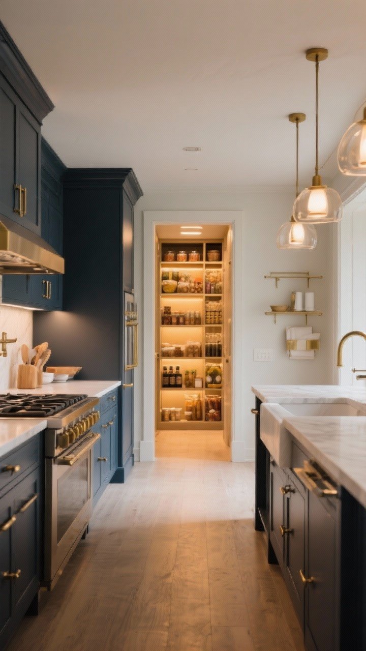 A wide, inviting kitchen-to-pantry scene conveying the final thoughts: a streamlined kitchen leading to a glowing, organized walk-in pantry exhibiting smart zones, layered warm lighting, and a few bold design moments like deep paint and brass hardware; no people, just a serene, functional, luxurious everyday mood captured in photorealistic detail.