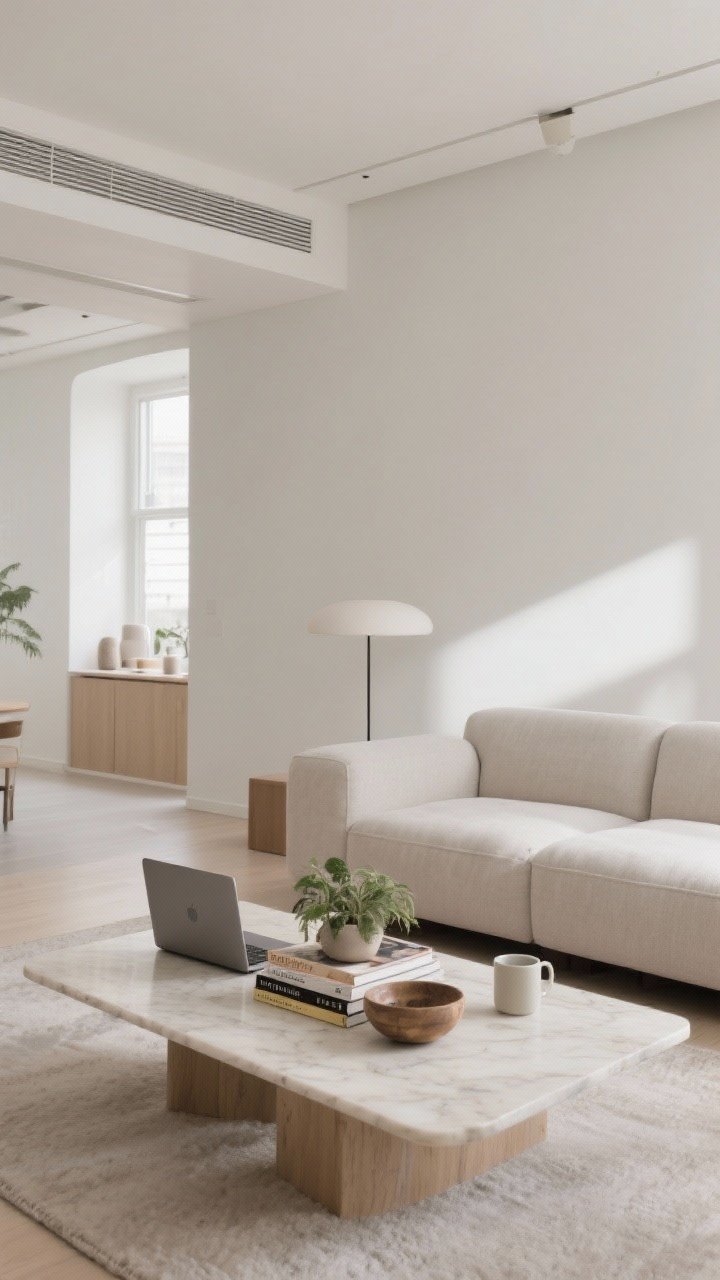 A wide living room shot demonstrating the two-thirds rule: one side of the coffee table styled with a decor cluster (books, small bowl, plant), while the remaining third is left open for daily use (a mug and space for a laptop). Floating negative space is obvious; balanced, livable look with even natural lighting.