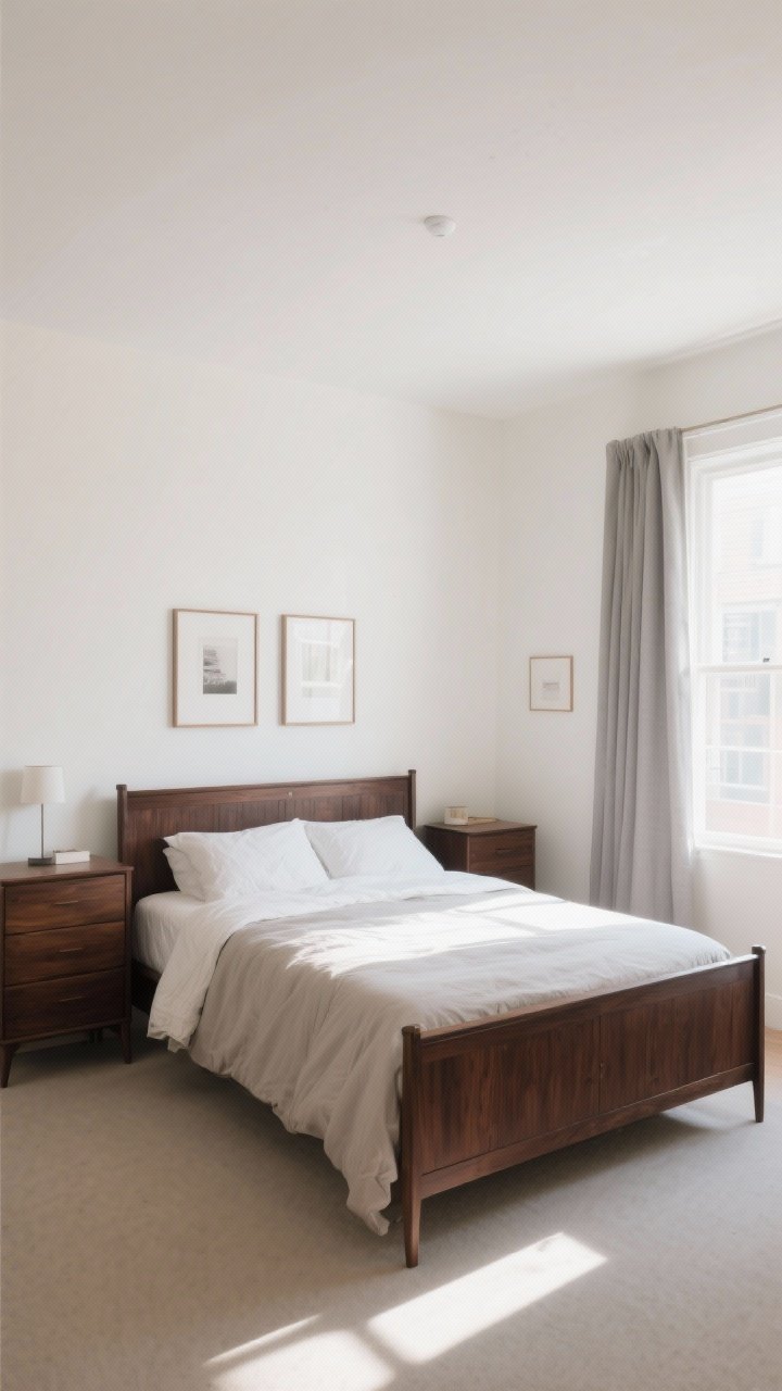 A wide room shot of a dark wood furniture set—walnut bed and dresser—against creamy white, airy walls with abundant daylight streaming in; high contrast makes the furniture pop; light bedding and pale greige curtains; a few simple framed artworks that can be refreshed; overall fresh, renter-friendly feel with soft, even natural lighting; photorealistic.
