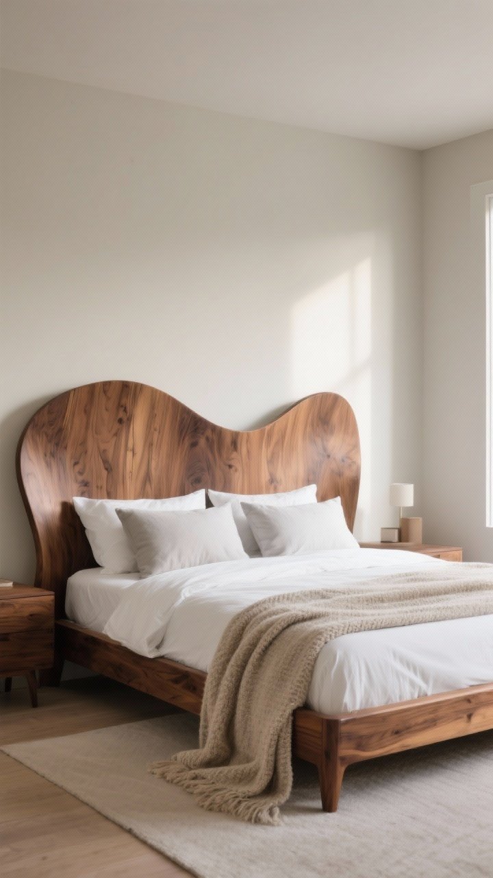 A wide, straight-on shot of a bedroom anchored by a solid walnut statement bed with a sculptural headboard and visible wood grain; light bedding in white and pale gray with oversized pillows and a textured oatmeal throw draped at the foot; neutral walls and soft morning natural light that highlights the wood grain; minimal decor to keep the bed as the focal point; photorealistic.