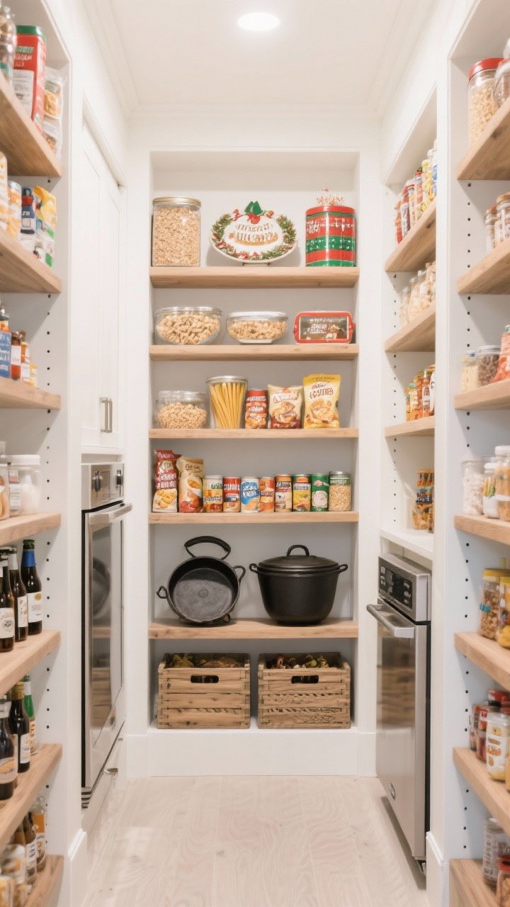 A wide, straight-on view of a walk-in pantry with custom floor-to-ceiling shelving on three walls, mixing deep lower shelves for appliances and drink crates with shallower upper shelves for pantry goods; top shelves hold bulk buys and seasonal party platters and holiday tins, middle shelves feature everyday snacks, cereal, pasta, and canned goods, and lower shelves store cast iron pots and heavy appliances; include adjustable shelf pin holes, a neutral painted interior in soft white, natural wood shelves with a subtle grain texture, and bright even lighting to show nothing is lost behind rows of items.