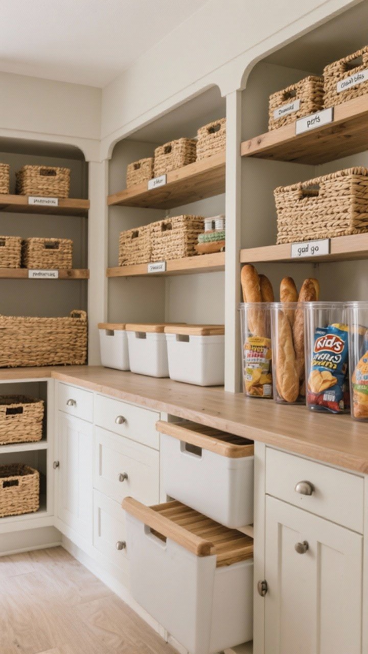 A wide, straight-on view of pantry storage mixing open shelves with closed drawers and lidded bins: wicker and seagrass baskets for warmth and texture, clear bins labeled for kids snacks, pets, and grab & go, and tall bins holding chip bags and bread upright; shelf-edge labels visible; neutral paint and natural wood tones with soft, even lighting that reduces visual clutter.