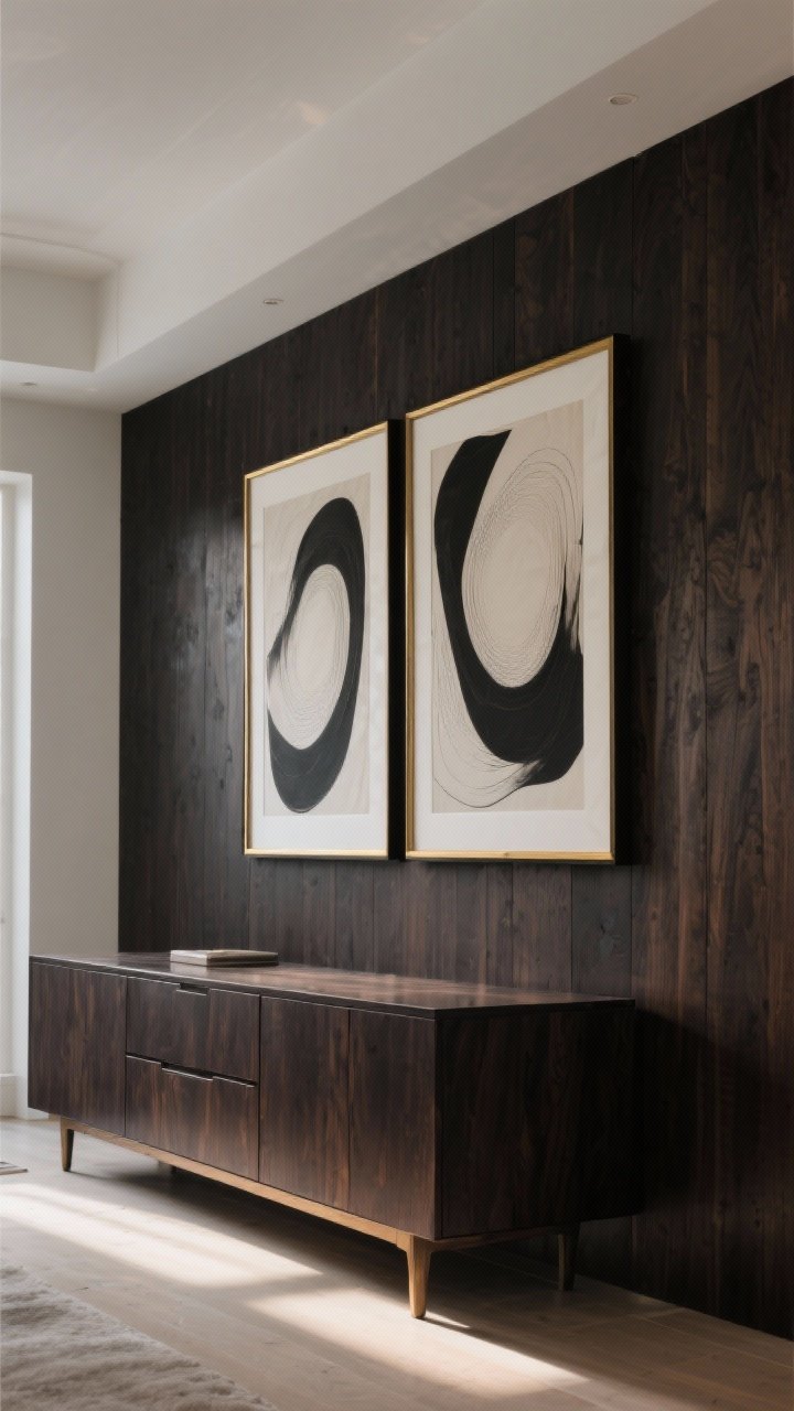 A wide wall view where oversized art breaks up the dark wood presence: a large diptych or abstract piece hung slightly lower above a dark wood dresser; frames in black or brass with white mats; the dark furniture acts as the stage beneath; soft, indirect daylight accentuates scale; photorealistic.